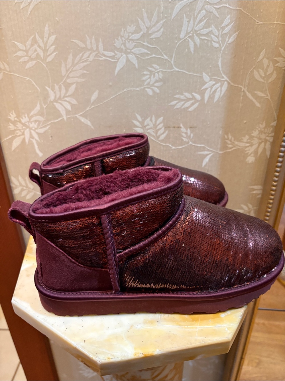 UGG Burgundy Shearling Sequin Ankle Boots - Picture 4 of 7